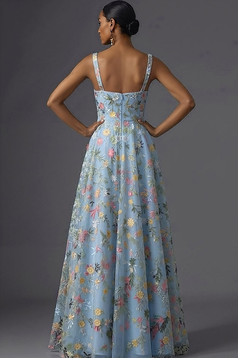 Laden Sie das Bild in den Galerie-Viewer, Mauve Blumenmuster Breite Träger A-Linien Stickerei Maxi Abendkleid