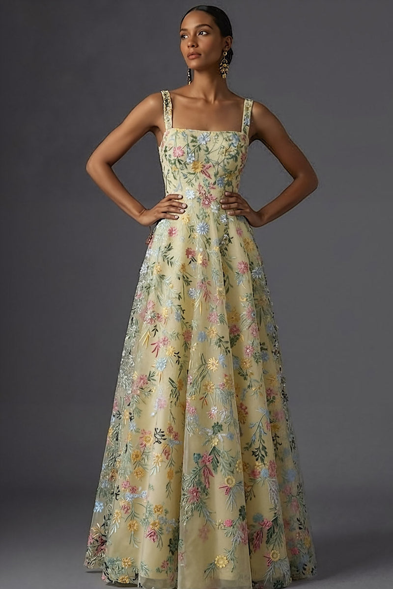 Laden Sie das Bild in den Galerie-Viewer, Mauve Blumenmuster Breite Träger A-Linien Stickerei Maxi Abendkleid