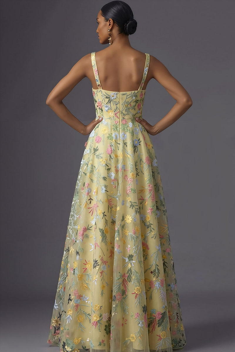 Laden Sie das Bild in den Galerie-Viewer, Mauve Blumenmuster Breite Träger A-Linien Stickerei Maxi Abendkleid