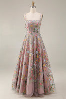 Laden Sie das Bild in den Galerie-Viewer, Mauve Blumenmuster Breite Träger A-Linien Stickerei Maxi Abendkleid