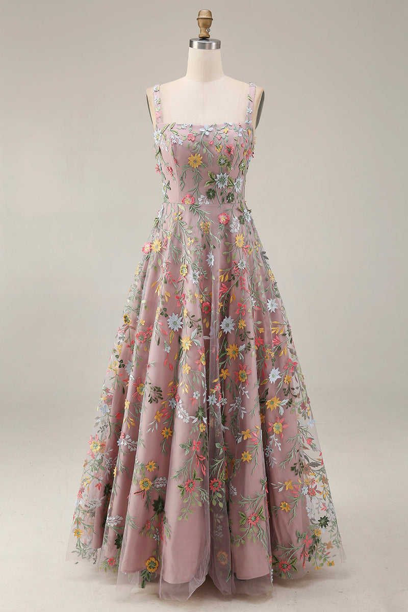 Laden Sie das Bild in den Galerie-Viewer, Mauve Blumenmuster Breite Träger A-Linien Stickerei Maxi Abendkleid