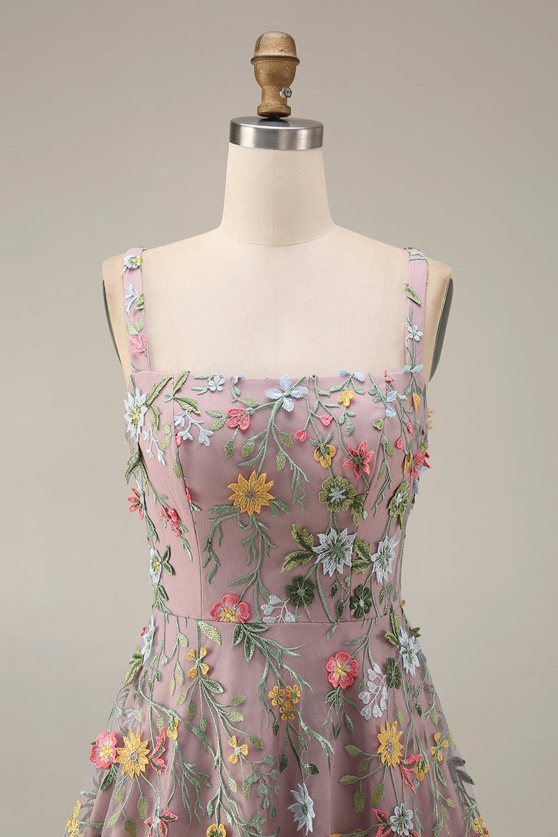 Laden Sie das Bild in den Galerie-Viewer, Mauve Blumenmuster Breite Träger A-Linien Stickerei Maxi Abendkleid