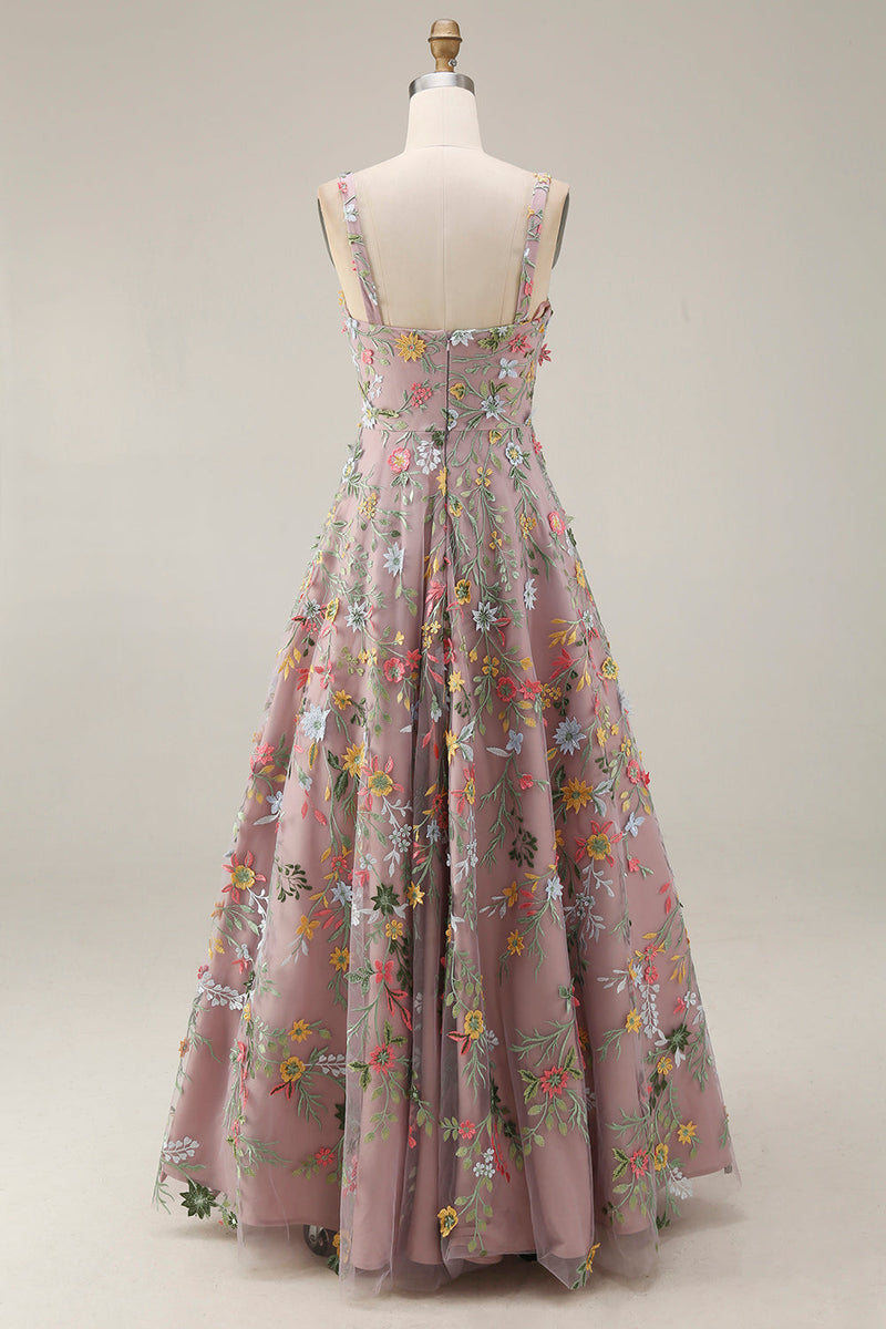 Laden Sie das Bild in den Galerie-Viewer, Mauve Blumenmuster Breite Träger A-Linien Stickerei Maxi Abendkleid