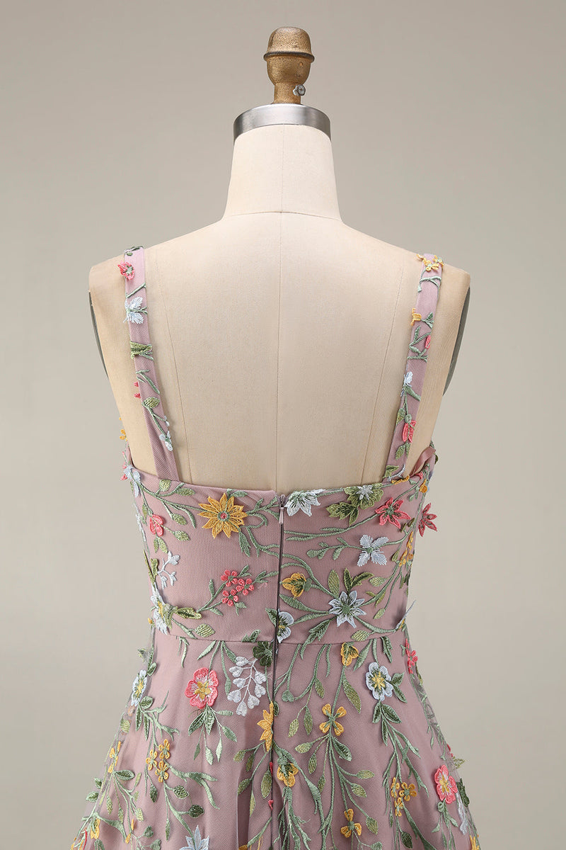 Laden Sie das Bild in den Galerie-Viewer, Mauve Blumenmuster Breite Träger A-Linien Stickerei Maxi Abendkleid