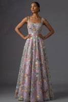 Laden Sie das Bild in den Galerie-Viewer, Leely Women Mauve Floral Thick Straps Maxi Wedding Guest Dress A Line Embroidered Backless Sleeveless Evening Dress