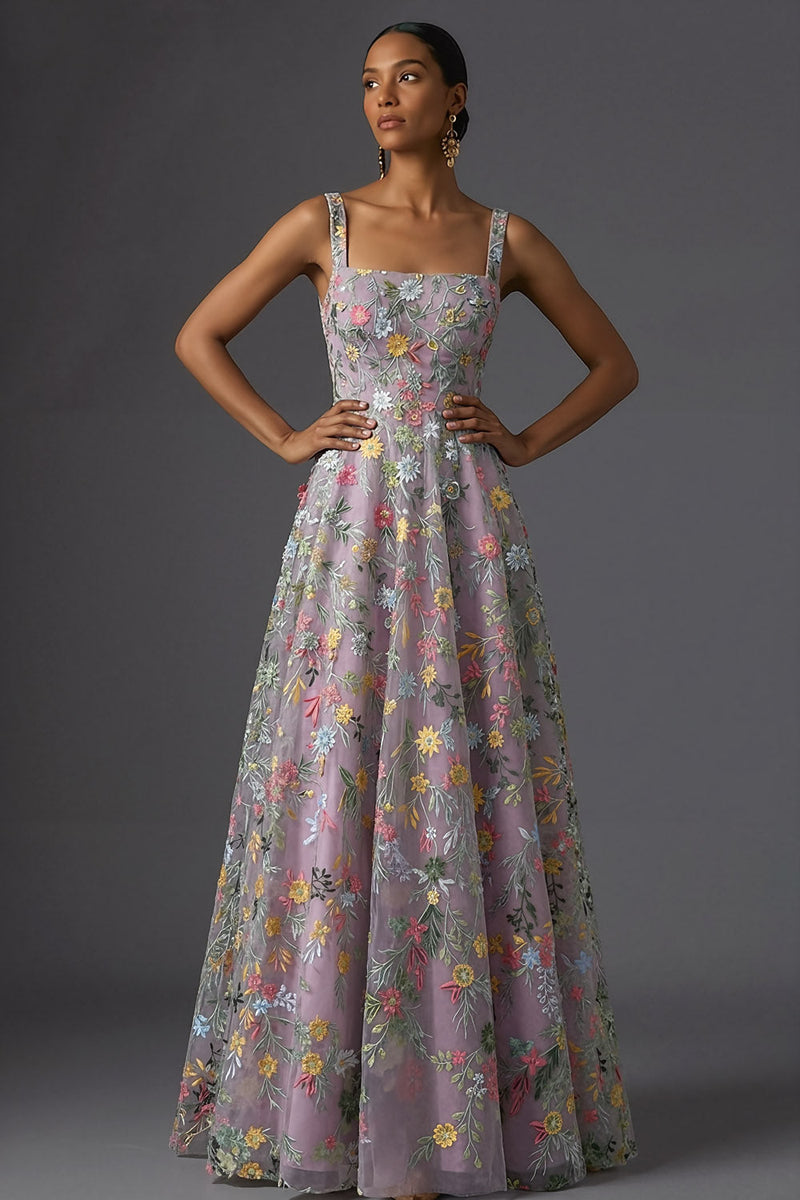 Laden Sie das Bild in den Galerie-Viewer, Leely Women Mauve Floral Thick Straps Maxi Wedding Guest Dress A Line Embroidered Backless Sleeveless Evening Dress