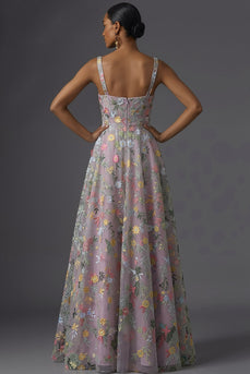 Mauve Blumenmuster Breite Träger A-Linien Stickerei Maxi Abendkleid