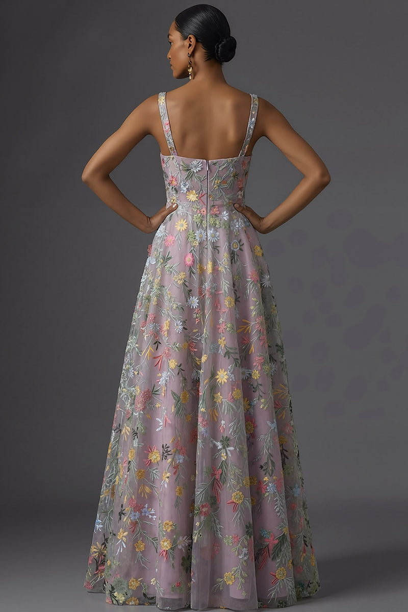 Laden Sie das Bild in den Galerie-Viewer, Mauve Blumenmuster Breite Träger A-Linien Stickerei Maxi Abendkleid