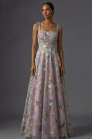 Laden Sie das Bild in den Galerie-Viewer, Mauve Blumenmuster Breite Träger A-Linien Stickerei Maxi Abendkleid