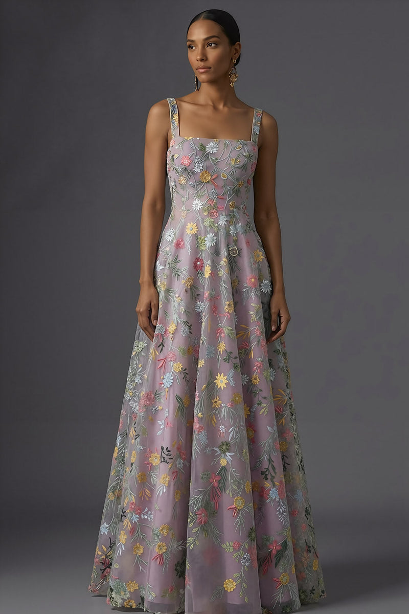 Laden Sie das Bild in den Galerie-Viewer, Mauve Blumenmuster Breite Träger A-Linien Stickerei Maxi Abendkleid