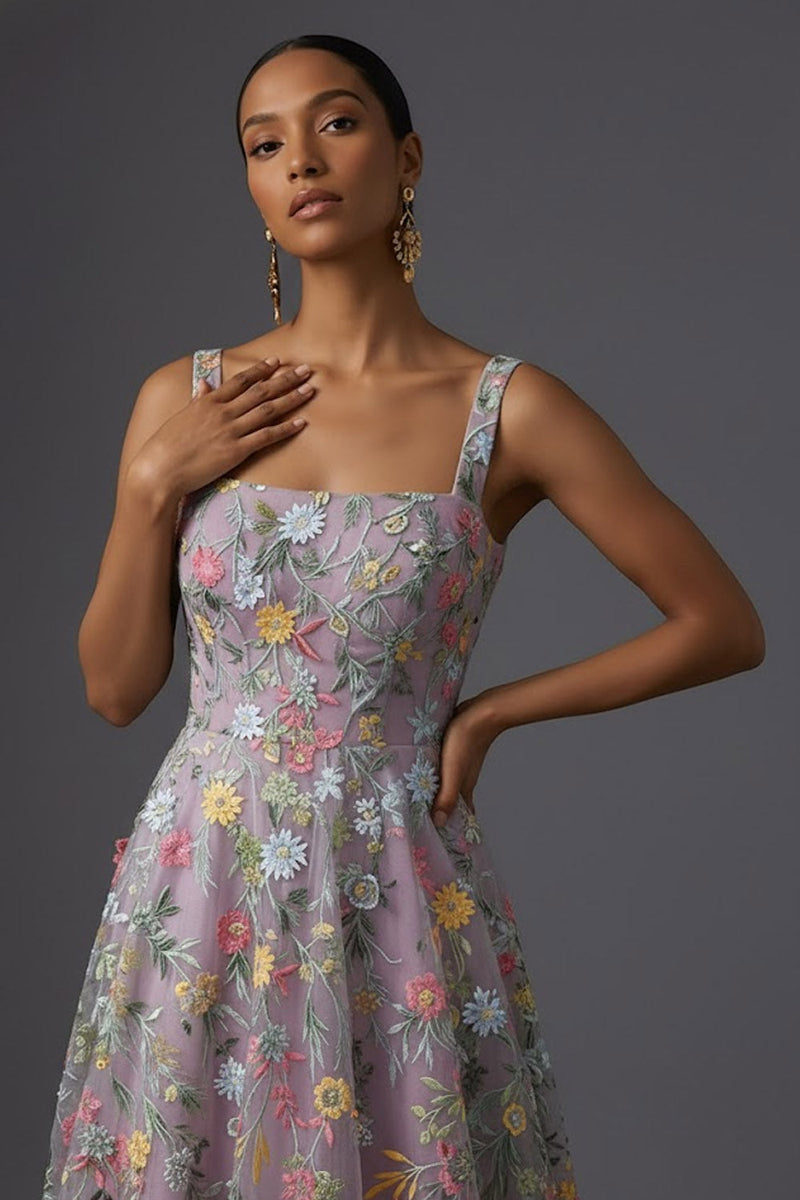 Laden Sie das Bild in den Galerie-Viewer, Mauve Blumenmuster Breite Träger A-Linien Stickerei Maxi Abendkleid
