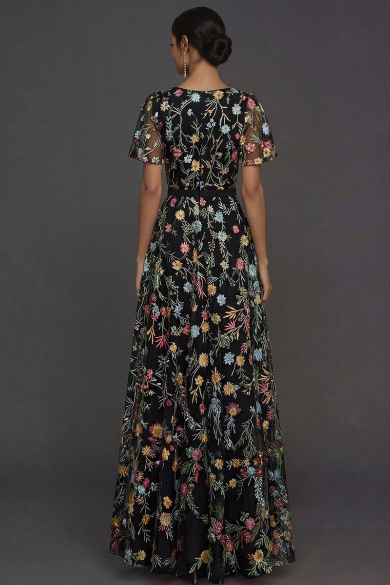 Laden Sie das Bild in den Galerie-Viewer, Mauve A-Linien Stickerei Blumenmuster V Ausschnitt Langes Abendkleid