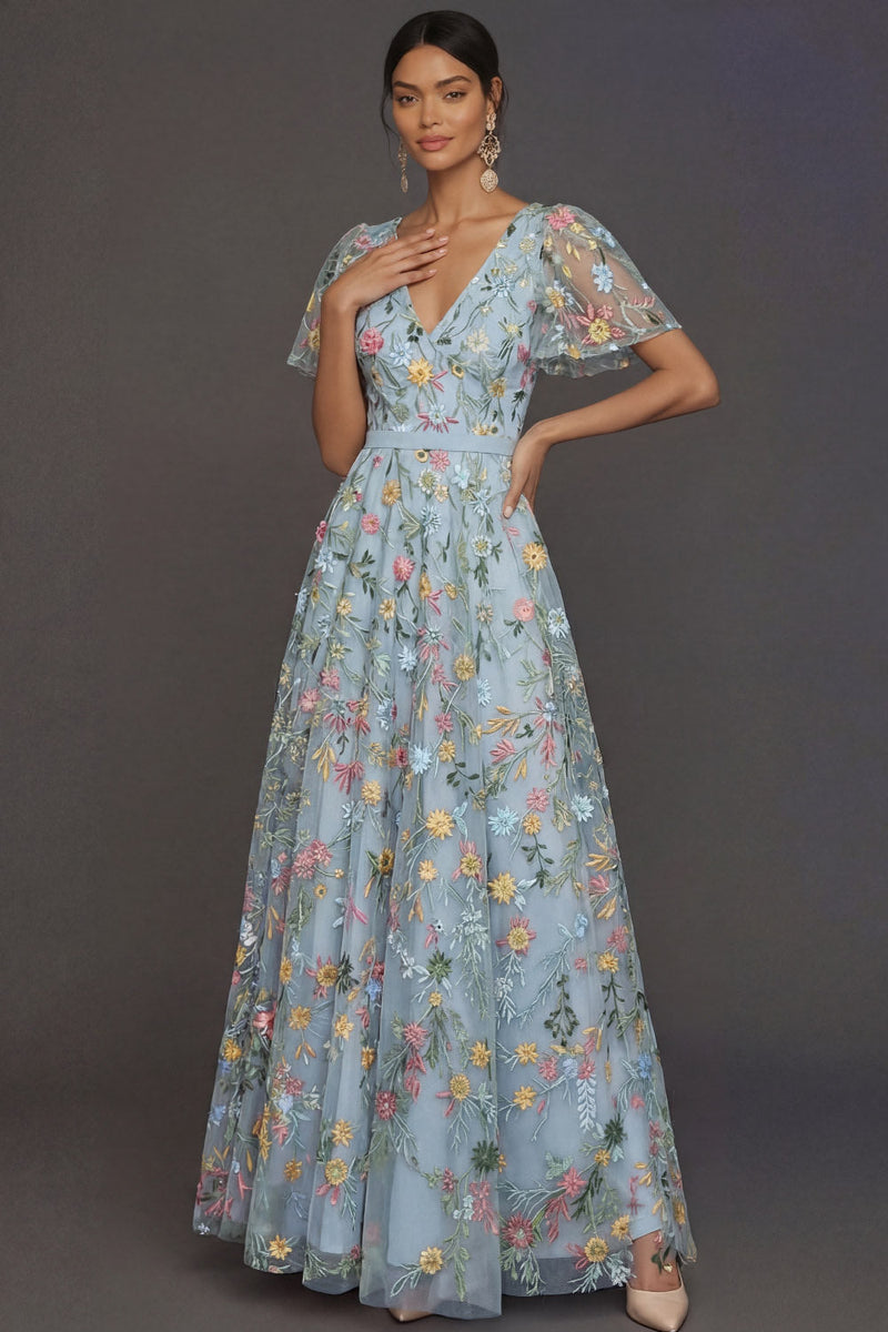 Laden Sie das Bild in den Galerie-Viewer, Mauve A-Linien Stickerei Blumenmuster V Ausschnitt Langes Abendkleid