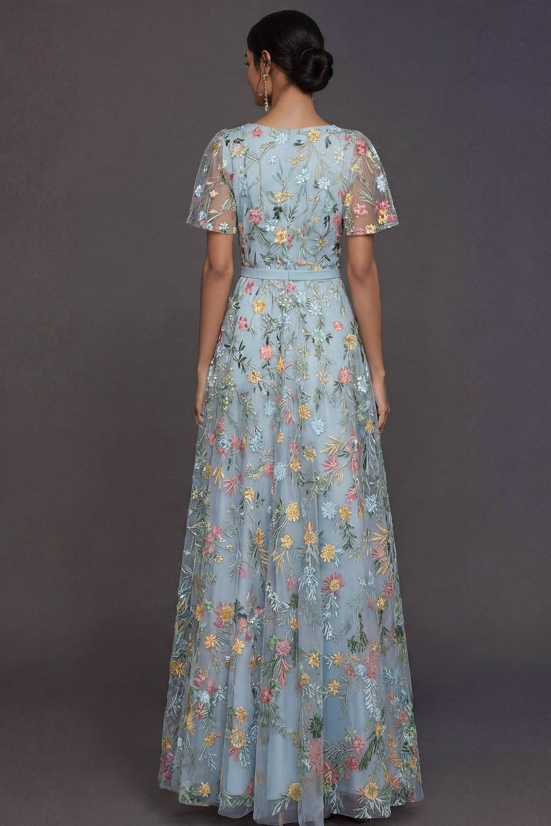 Laden Sie das Bild in den Galerie-Viewer, Mauve A-Linien Stickerei Blumenmuster V Ausschnitt Langes Abendkleid