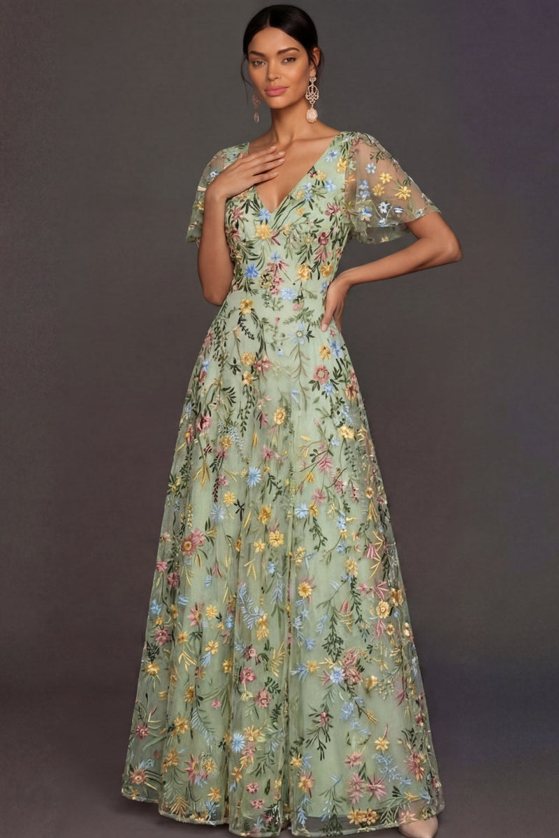 Laden Sie das Bild in den Galerie-Viewer, Mauve A-Linien Stickerei Blumenmuster V Ausschnitt Langes Abendkleid