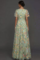 Laden Sie das Bild in den Galerie-Viewer, Mauve A-Linien Stickerei Blumenmuster V Ausschnitt Langes Abendkleid