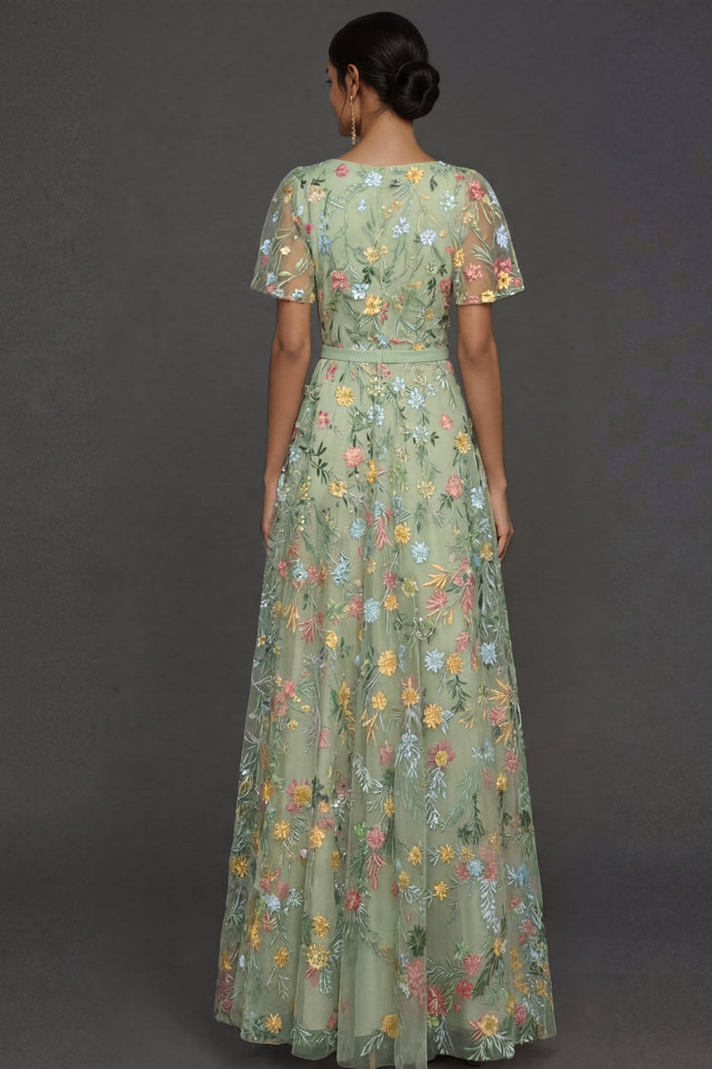 Laden Sie das Bild in den Galerie-Viewer, Mauve A-Linien Stickerei Blumenmuster V Ausschnitt Langes Abendkleid