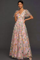 Laden Sie das Bild in den Galerie-Viewer, Mauve A-Linien Stickerei Blumenmuster V Ausschnitt Langes Abendkleid