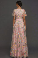 Laden Sie das Bild in den Galerie-Viewer, Mauve A-Linien Stickerei Blumenmuster V Ausschnitt Langes Abendkleid