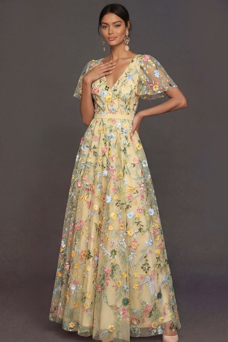 Laden Sie das Bild in den Galerie-Viewer, Mauve A-Linien Stickerei Blumenmuster V Ausschnitt Langes Abendkleid