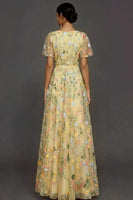 Laden Sie das Bild in den Galerie-Viewer, Mauve A-Linien Stickerei Blumenmuster V Ausschnitt Langes Abendkleid