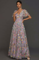 Laden Sie das Bild in den Galerie-Viewer, Leely Women Mauve A Line Embroidered Floral Long Formal Dress V Neck Flutter Sleeves Wedding Guest Dress