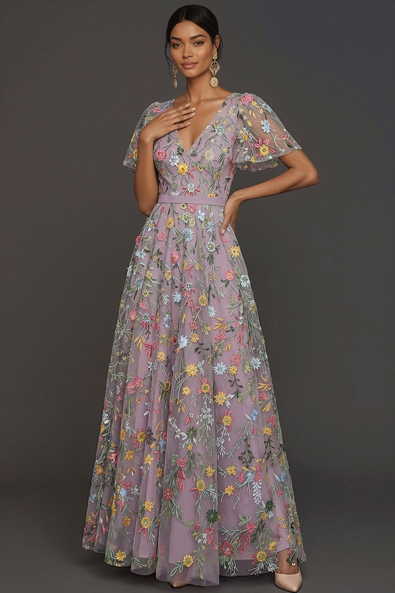 Laden Sie das Bild in den Galerie-Viewer, Leely Women Mauve A Line Embroidered Floral Long Formal Dress V Neck Flutter Sleeves Wedding Guest Dress