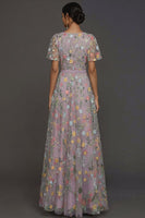 Laden Sie das Bild in den Galerie-Viewer, Mauve A-Linien Stickerei Blumenmuster V Ausschnitt Langes Abendkleid