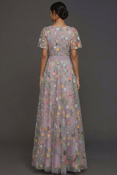 Mauve A-Linien Stickerei Blumenmuster V Ausschnitt Langes Abendkleid