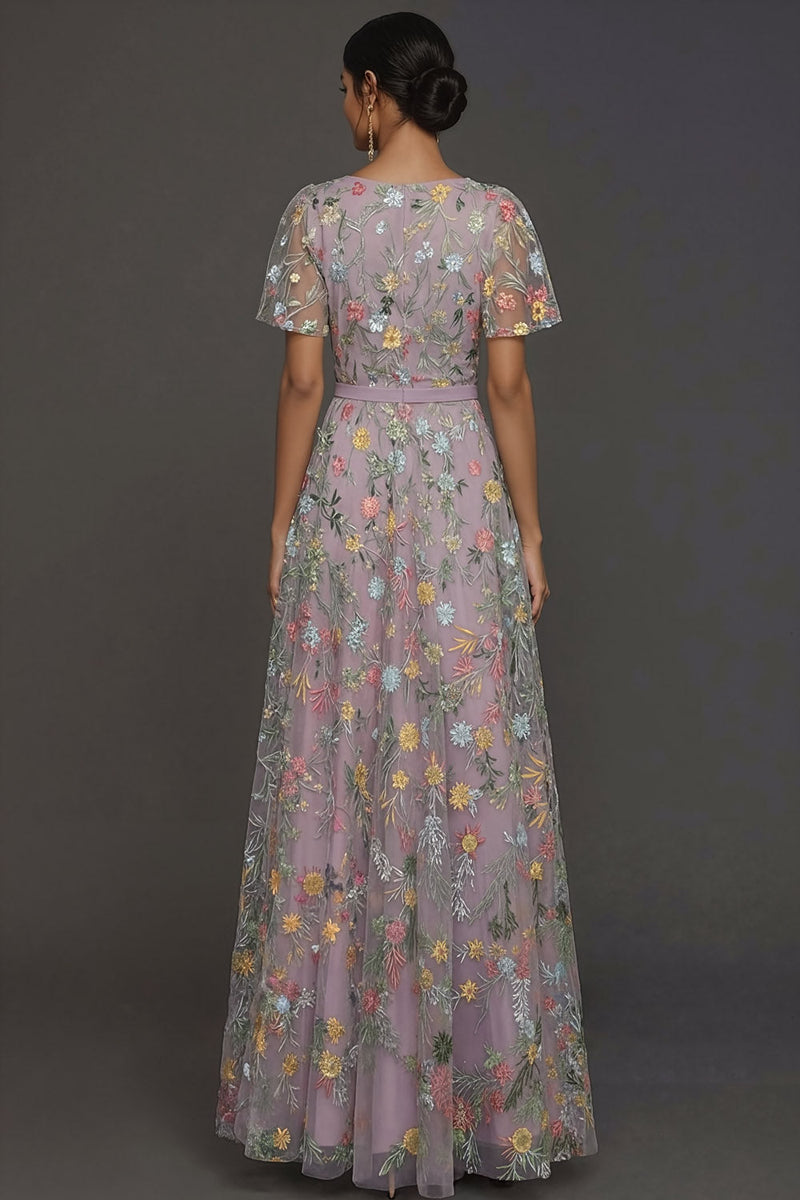 Laden Sie das Bild in den Galerie-Viewer, Mauve A-Linien Stickerei Blumenmuster V Ausschnitt Langes Abendkleid