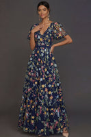 Laden Sie das Bild in den Galerie-Viewer, Mauve A-Linien Stickerei Blumenmuster V Ausschnitt Langes Abendkleid