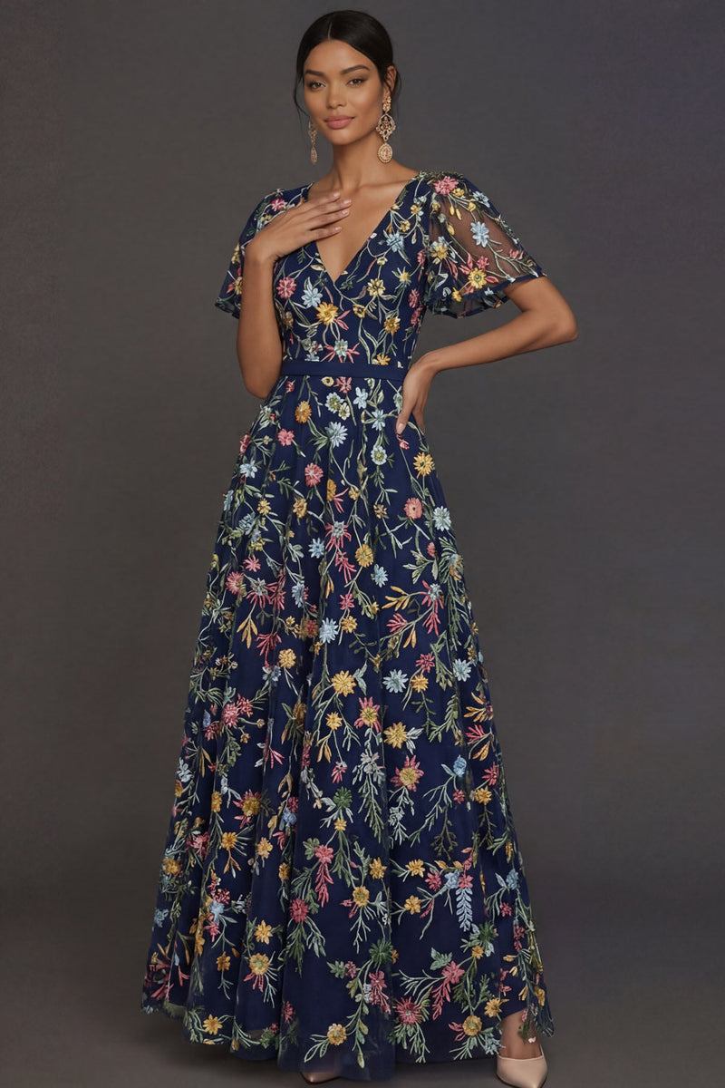 Laden Sie das Bild in den Galerie-Viewer, Mauve A-Linien Stickerei Blumenmuster V Ausschnitt Langes Abendkleid