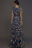 Laden Sie das Bild in den Galerie-Viewer, Mauve A-Linien Stickerei Blumenmuster V Ausschnitt Langes Abendkleid