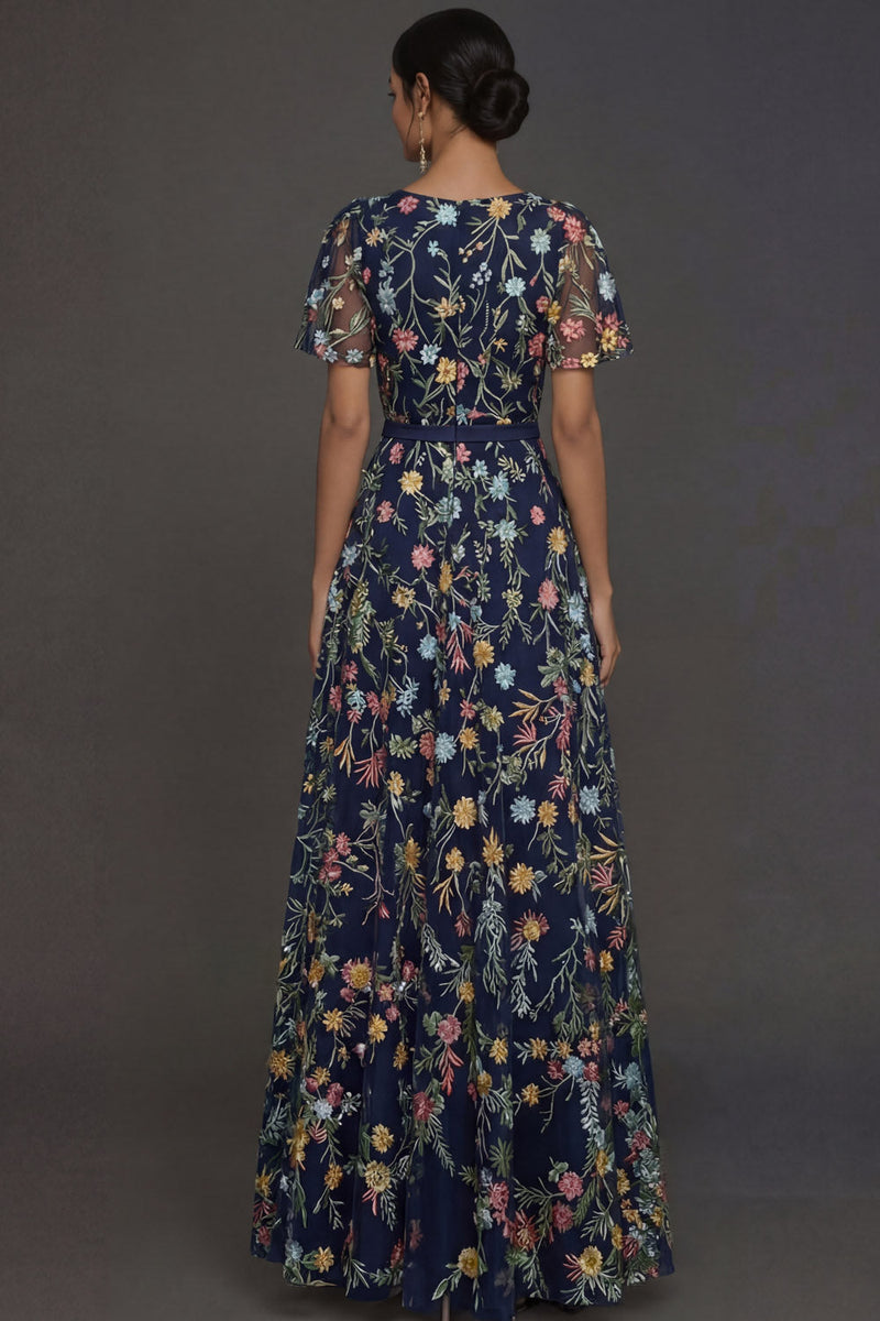 Laden Sie das Bild in den Galerie-Viewer, Mauve A-Linien Stickerei Blumenmuster V Ausschnitt Langes Abendkleid