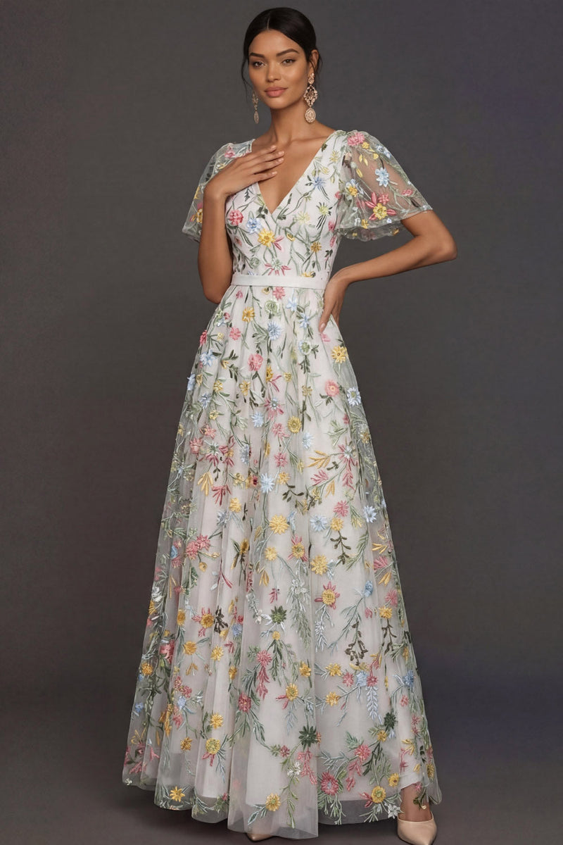 Laden Sie das Bild in den Galerie-Viewer, Mauve A-Linien Stickerei Blumenmuster V Ausschnitt Langes Abendkleid