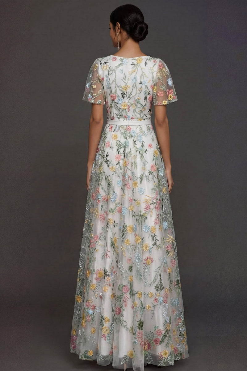 Laden Sie das Bild in den Galerie-Viewer, Mauve A-Linien Stickerei Blumenmuster V Ausschnitt Langes Abendkleid