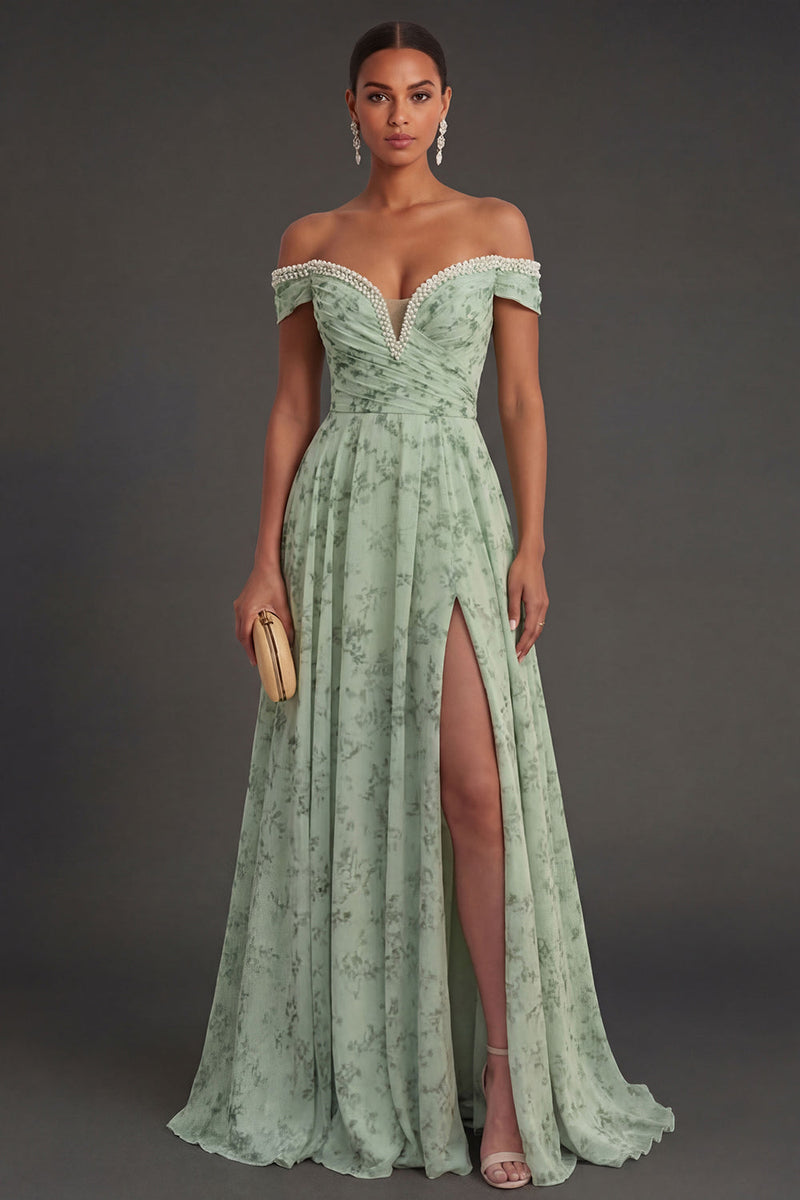 Laden Sie das Bild in den Galerie-Viewer, Leely Women Beaded Off the Shoulder Floral Long Wedding Guest Dress with Slit A Line Backless Sleeveless Garden Party Dress
