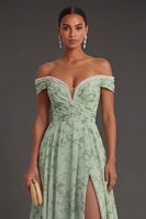 Laden Sie das Bild in den Galerie-Viewer, Leely Women Beaded Off the Shoulder Floral Long Wedding Guest Dress with Slit A Line Backless Sleeveless Garden Party Dress