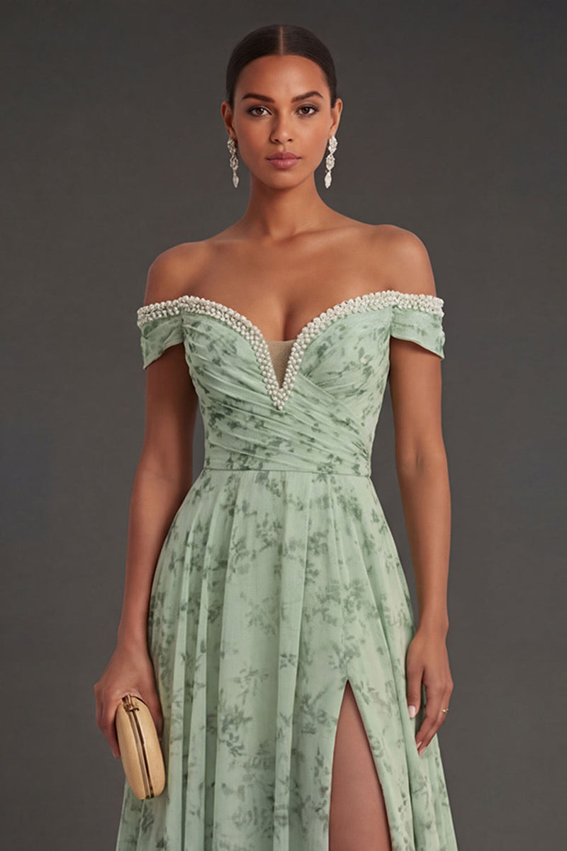 Laden Sie das Bild in den Galerie-Viewer, Leely Women Beaded Off the Shoulder Floral Long Wedding Guest Dress with Slit A Line Backless Sleeveless Garden Party Dress