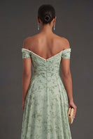 Laden Sie das Bild in den Galerie-Viewer, Perlenbesatz Off Schulter Blumenmuster A-Linie Langes Abendkleid mit Schlitz
