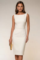 Laden Sie das Bild in den Galerie-Viewer, Leely Women Ivory Bodycon Boat Neck Short Engagement Dress Sleeveless Bridal Shower Dress