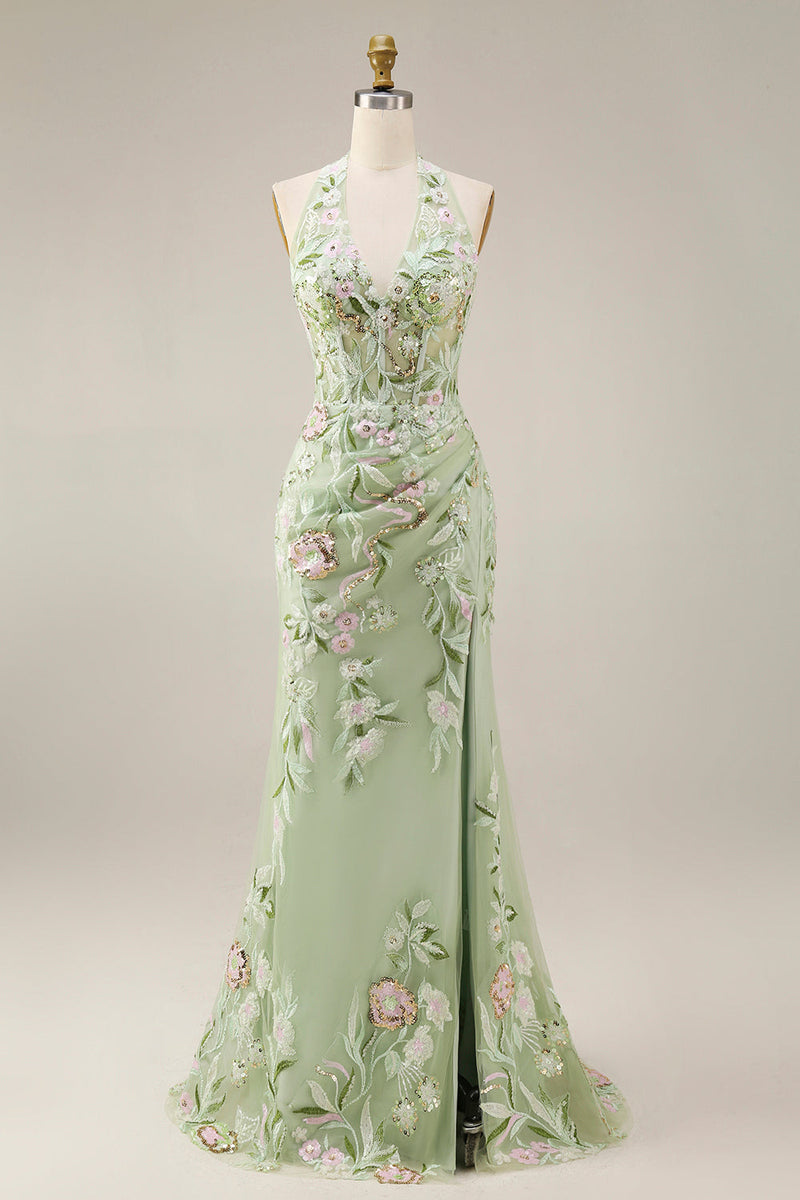 Laden Sie das Bild in den Galerie-Viewer, Etuikleid Blumenmuster Salbeigrün Neckholder Gerafft Langes Abiballkleid mit Schlitz