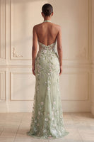 Laden Sie das Bild in den Galerie-Viewer, Etuikleid Blumenmuster Salbeigrün Neckholder Gerafft Langes Abiballkleid mit Schlitz