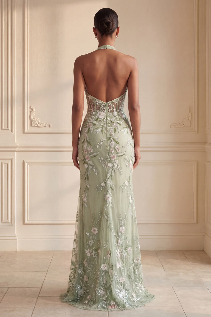 Laden Sie das Bild in den Galerie-Viewer, Etuikleid Blumenmuster Salbeigrün Neckholder Gerafft Langes Abiballkleid mit Schlitz