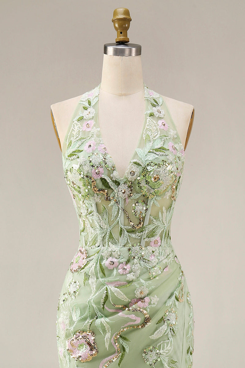 Laden Sie das Bild in den Galerie-Viewer, Etuikleid Blumenmuster Salbeigrün Neckholder Gerafft Langes Abiballkleid mit Schlitz
