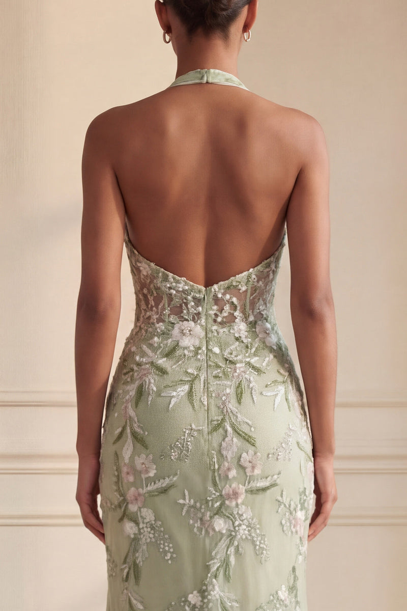 Laden Sie das Bild in den Galerie-Viewer, Etuikleid Blumenmuster Salbeigrün Neckholder Gerafft Langes Abiballkleid mit Schlitz
