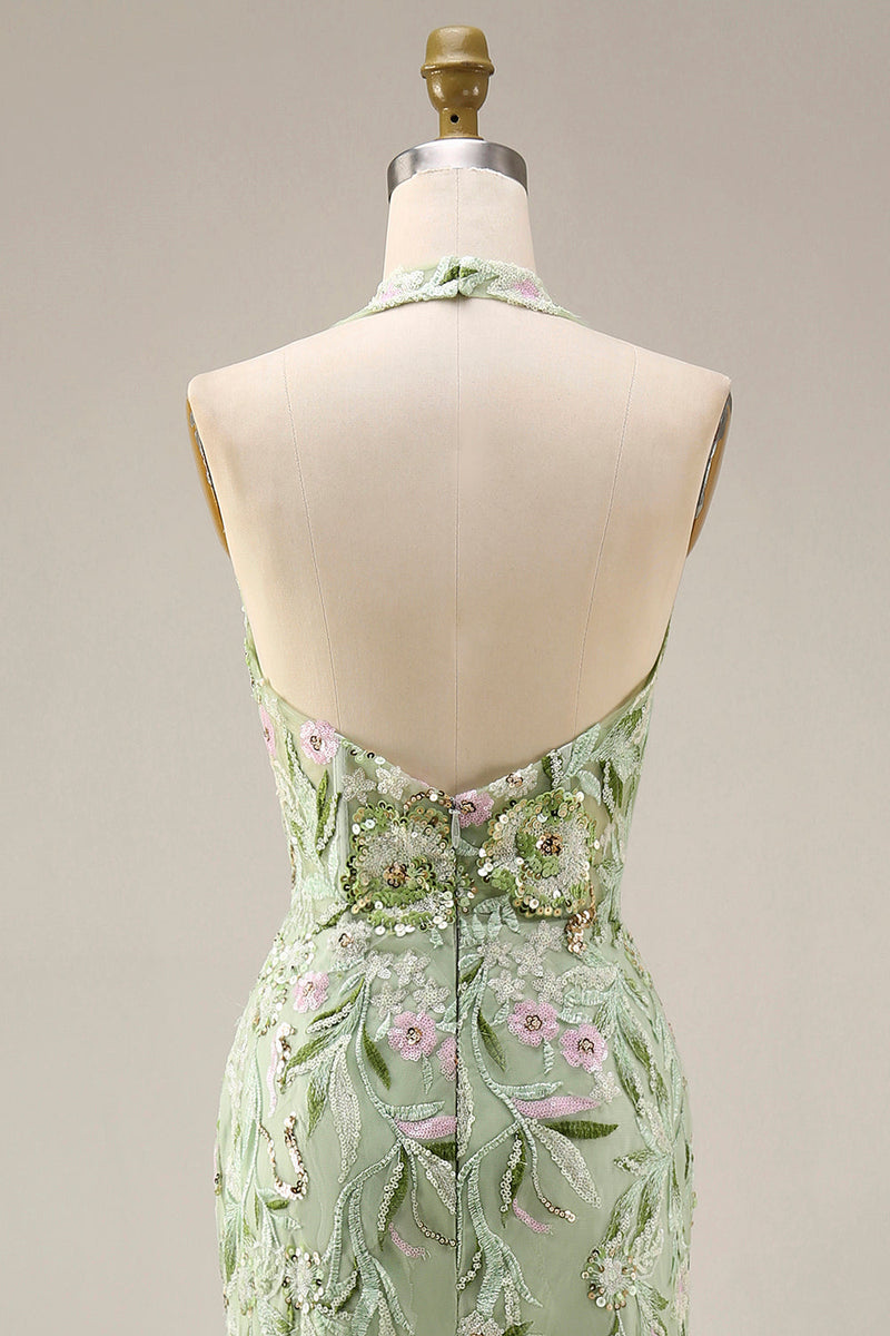 Laden Sie das Bild in den Galerie-Viewer, Etuikleid Blumenmuster Salbeigrün Neckholder Gerafft Langes Abiballkleid mit Schlitz