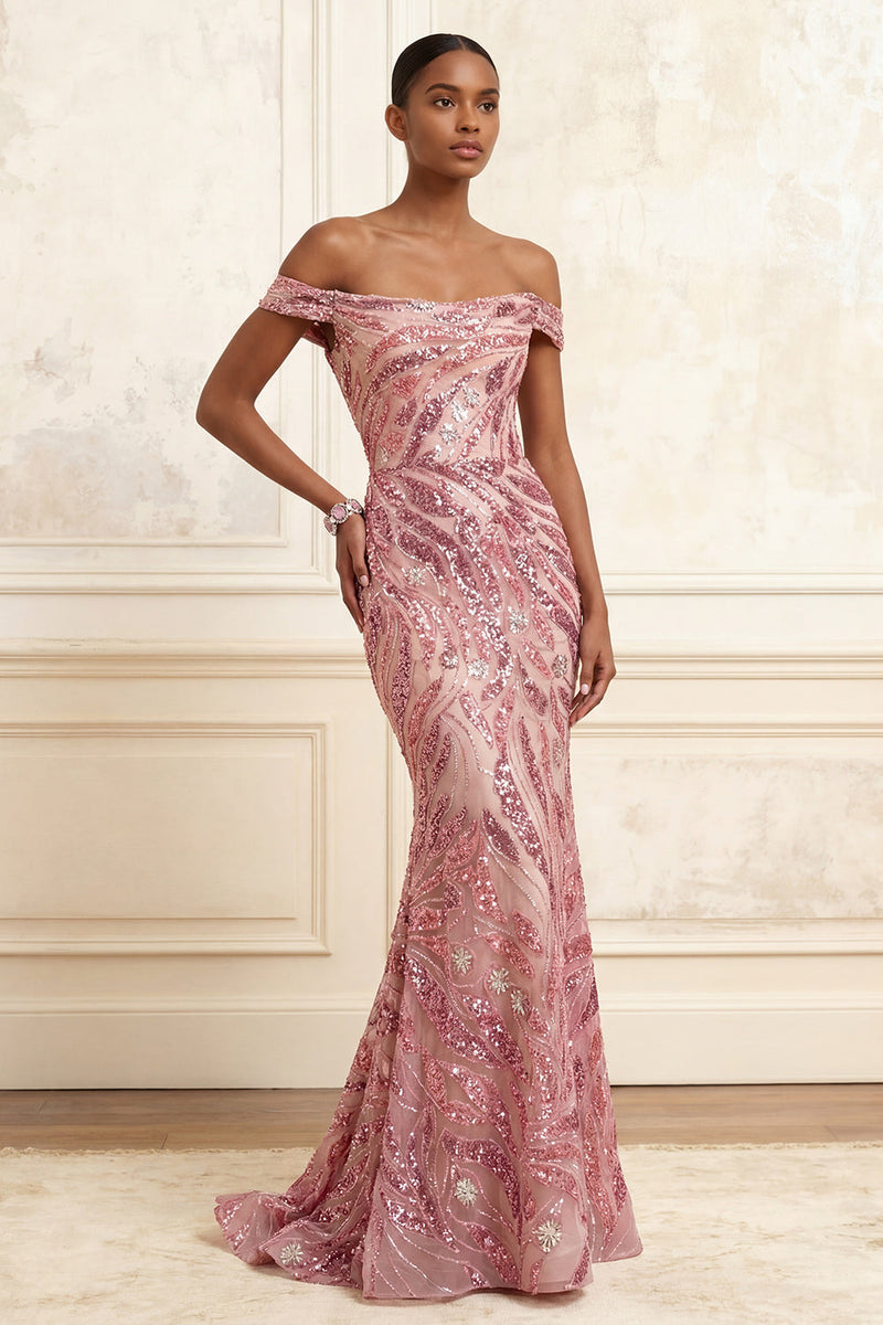 Laden Sie das Bild in den Galerie-Viewer, Glitzerndes Rosa Lang Schulterfrei Meerjungfrau Abendkleid mit Perlenstickerei