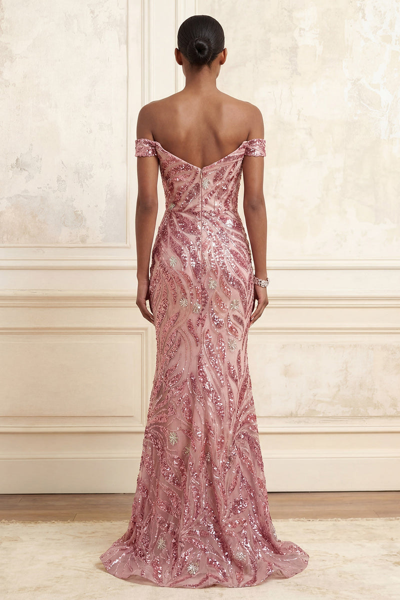 Laden Sie das Bild in den Galerie-Viewer, Glitzerndes Rosa Lang Schulterfrei Meerjungfrau Abendkleid mit Perlenstickerei