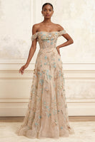 Laden Sie das Bild in den Galerie-Viewer, A Linie Glitzernder Champagner Perlenstickerei Langes Korsett Blumen Ballkleid